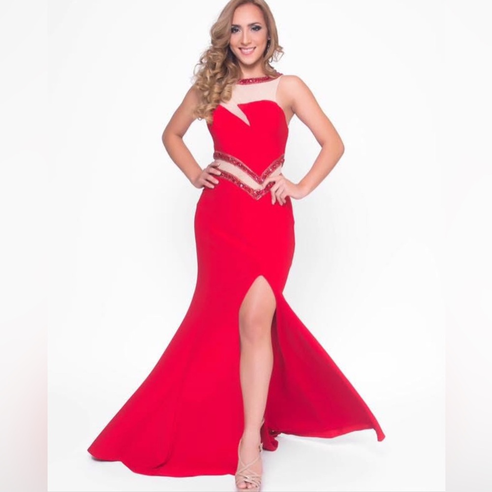 Rachel Allan 6937- Sz 6- Red sleeveless gown w beaded neckline waist cutout.